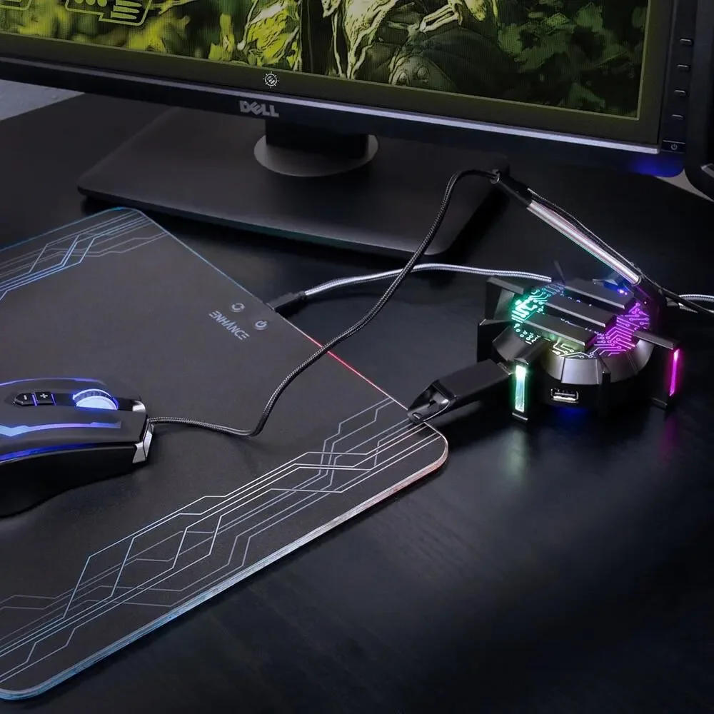 ENHANCE Pro Gaming Mouse Bungee Cable Holder 4 Port USB Hub w/ 7 LED Color Modes